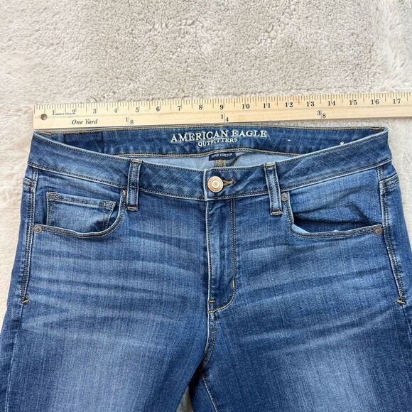 American Eagle Skinny Kick Bootcut Jeans Size 12 Short Super Stretch Whiskers - Picture 5 of 10